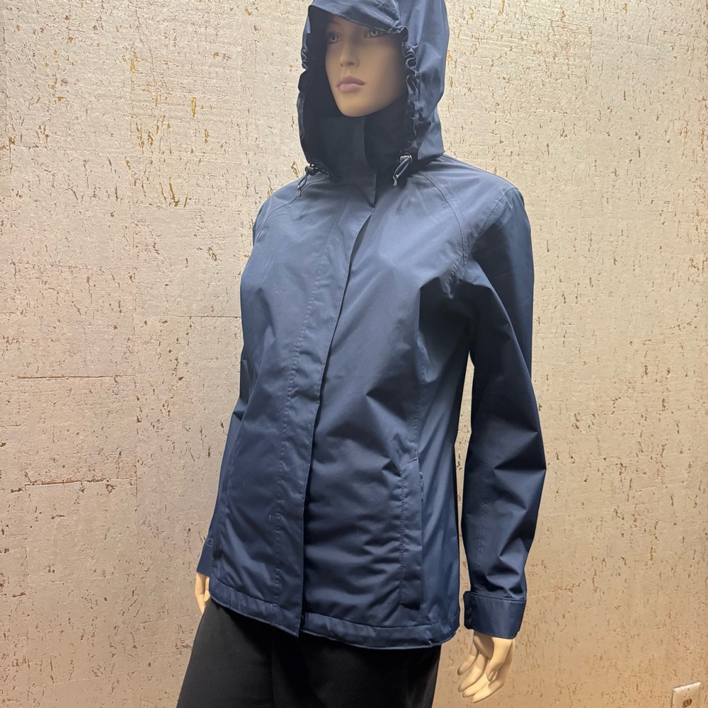 Lands' End Blue Raincoat Jacket with Hood out or fold’s into in self